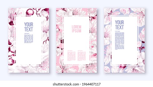 Poster templates with spring flowers. Vector inflorescences of fruit trees. Realistic white-pink flowers on pink, blue, white background. Frames, banners, place for text, flyers, advertising layout