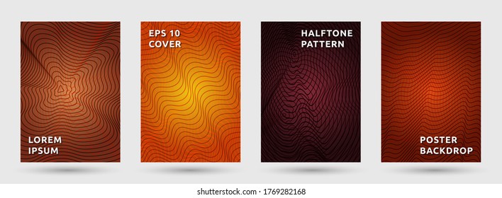 Poster templates vector collection. A4 halftone pattern covers. Title pages with halftone waves texture geometric design. Gradient curve waves cover page layouts. Dynamic patterns.