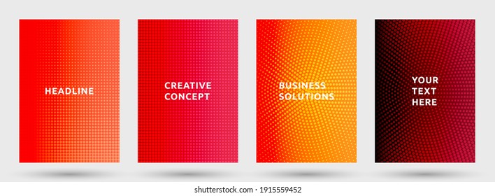 Poster templates vector collection. Cool halftone pattern covers. Dots halftone texture front pages geometric design. Gradient backgrounds cover page layouts. Nise dots texture composition.