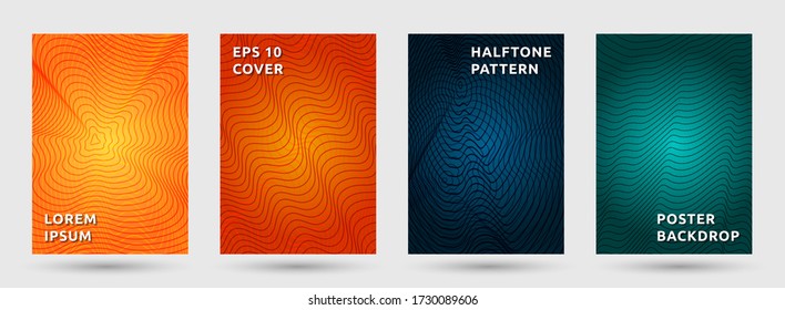 Poster Templates Vektorsammlung. Grunge halftone Muster Abdeckung. Vorderseiten mit Halbwellen strukturieren geometrisches Design. Gradient-Kurven decken Seitenlayouts ab. Dynamische Rückschritte.