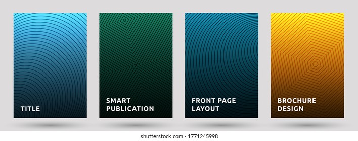 Colección vectorial de plantillas de afiches. Tapas mínimas de patrón de medio tono. Círculo, hexágono, diseño geométrico suqare de textura media. Diseños de páginas de título de líneas de degradado. Geometría de líneas paralelas.