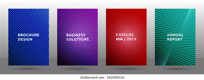Poster templates vector collection. Minimal halftone pattern covers. Front pages with halftone texture geometric design. Gradient publication cover page layouts. Dynamic backgrounds.