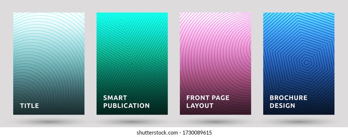 Poster templates vector collection. Vibrant halftone pattern covers. Circle, hexagon, suqare halftone texture geometric design. Gradient thin lines title page layouts. Parallel stripes geometry.