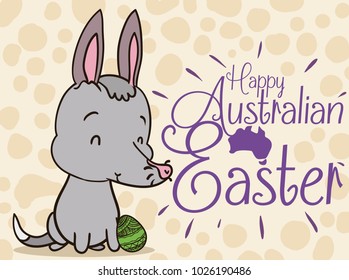 Poster with tender smiling bilby over a spotted background with a greeting sign and Australian map ready to celebrate a happy Easter.