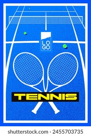 póster para competición de tenis, pelota y raqueta sobre fondo azul, cancha, Vector gráfico, ilustración