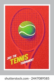 Afiche de competiciones de tenis, cartel interior de una pista de tenis. Color rojo con la Imagen de una bola y raqueta