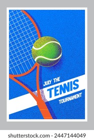 Poster for tennis competitions, interior poster for a tennis court. Blue color with the image of a ball and racket. Banner, flyer, poster, vector illustration