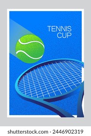 Poster for tennis competitions with a picture of a ball and racket. Blue banner, poster, background