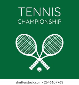 poster with tennis text, rackets and ball. Summer tournament design on green grass background. Flat minimal layout.