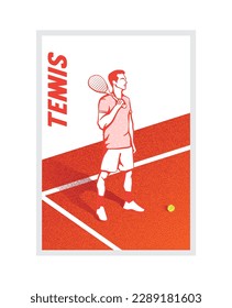 Poster for tennis tournaments. Tenis player with racket and ball. Sport equipment. Illustration for sports competitions, tennis championship. Modern illustration for poster, card, cover.