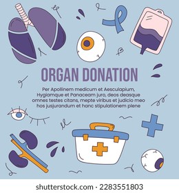 Poster with text about human organs for donation. Vector illustration in doodle flat style.