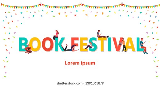 Poster with text Book festival and small people characters. Vector illustration can use for bookstore, book banner.