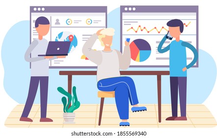 Poster with text and guide for traveling the world. Colleagues work in tourism. People analyzing financial statistics. Man stands with a laptop. The guy speaks on the phone. Guy playing cards