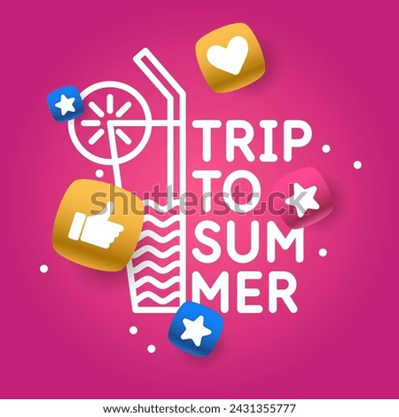 Poster text summer travel with a cocktail and a straw, star linear style on a bright pink background Stock photo © 