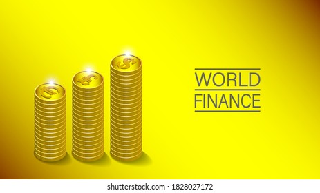 Poster with the text, world finance. 3d stacks of gold coins with euro, pound and dollar signs. Bright of glares with rays. EPS10