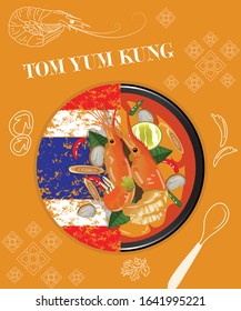 Poster Thai spicy soup with Thai flag graphic menu design top view