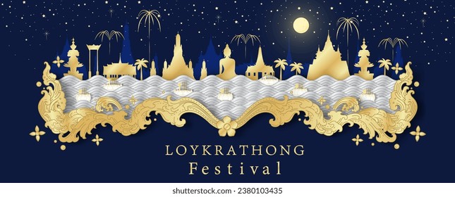 Poster of Thailand tradition in river worship, Loy Kratong Festival in banner luxury Thai art paper cut style with event wording on dark blue background.