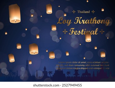 Poster of Thailand tradition in river worship, Loy Kratong Festival with paper ancient hot air balloon and wording of event, example texts on dark blue background.