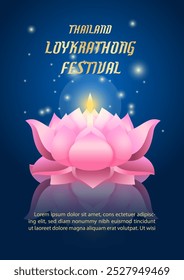 Poster of Thailand tradition in river worship, Loy Kratong Festival with wording of event and example texts on dark blue background.