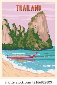 Poster Thailand tropical resort vintage. Travel holiday summer. Exotic beach coast, boat, palms, ocean. Retro style illustration vector isolated