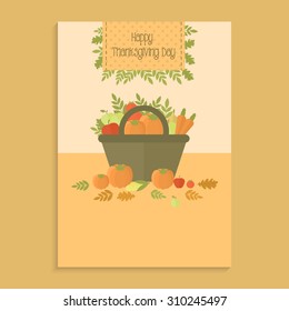 Poster for Thanksgiving Day with basket with vegetables, pumpkin. For menu, invitation or shopping list templates. Vector illustration