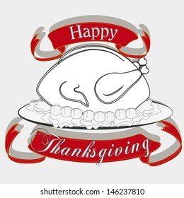 poster thanksgiving dinner in white, gray and and red, turkey served on plate with vegetables, red ribbons text.