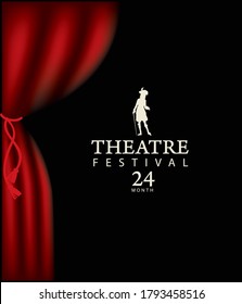 Poster for a Theatre festival with a red velvet curtain and silhouette of an actor in Baroque costume on the black background. Vector playbill in retro style on the theme of theater art