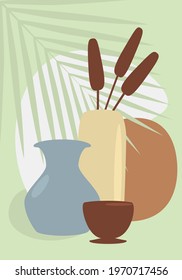 Poster with three abstract vases and branches of reeds. Flat trendy illustration in minimal style with palm leaves. Green colors.