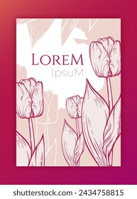 Poster of three big linear tulips, many leaves. Pink spring advertising layout. Open bud on long thin stem. Floral frame. Tall flowers bunch. Pale elegant design for store advertising. Ink line sketch