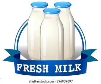 Afiche de tres botellas de leche con una pancarta de leche fresca