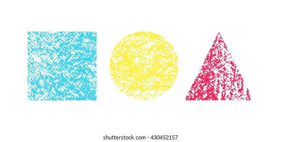 The Poster With Three Colored Geometric Shapes (square Of Blue, Yellow Circle, Red Triangle) Painted Wax Crayons On A White Relief Paper. Background Texture. Vector.