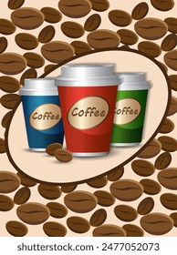 Poster von drei Tassen Kaffee auf einem Hintergrund von Getreide. Vektorillustration