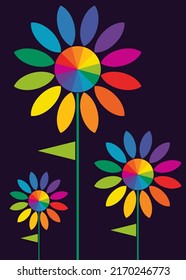 Cartel con tres ruedas de color floral. Diseño creativo de carteles en estilo abstracto.