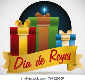 Poster with three gifts symbolizing the magi in night view of Bethlehem star to celebrate Dia de Reyes (written in Spanish).