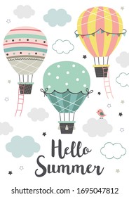 Poster with three Hot Air Balloon flying in the sky on white background. vector illustration.    
