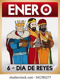 Poster with the Three Wise Men or Magi in cartoon style over a loose-leaf calendar as reminder for Spanish celebration of "Dia de Reyes" (Three Kings' Day or Epiphany in English) or Epiphany.