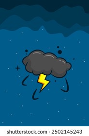 Poster of thunderstorm clouds in dark sky. Thunderstorm, rain, night. Vector illustration.