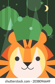 Poster with tiger and Christmas decorations. Holiday postcard design in flat style.