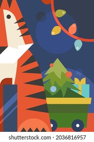Poster with tiger, christmas tree and garland. Holiday postcard design in flat style.