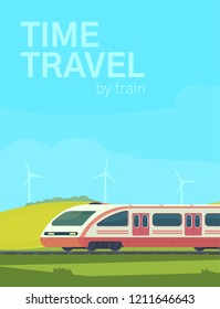 Poster time to travel by train. Passanger modern electric high-speed train with nature landscape in a hilly area. Vector illustation. Railway transport.