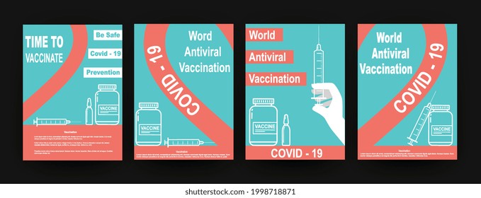 Poster Сover Time to vaccinate, vaccine and virus vaccination against covid - 19. Doctor hand with syringe with vaccine, bottle and vial with medicine against virus.