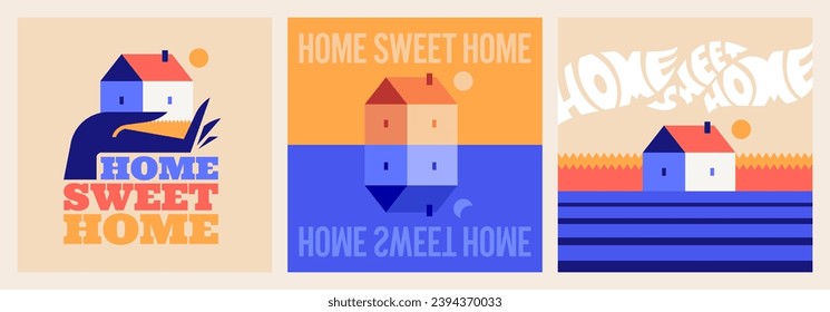 Poster with tiny house and lettering Home sweet home. Minimal vector illustrations set for housewarming gift, greeting card or home wall decor