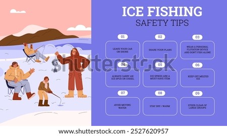 A poster with tips on winter fishing. Vector illustration with safety tips for fishing on a frozen lake. A family with a fishing rod at an ice hole