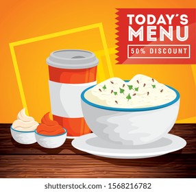 poster of today menu with fifty discount and delicious food vector illustration design