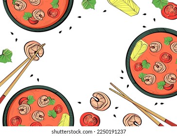Poster with tom yam, ingredients for a dish and chopsticks on a white background