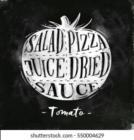 Poster tomato cutting scheme lettering salad, pizza, juice, dried, sauce in vintage style drawing with chalk on chalkboard background