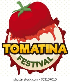 Poster with tomato splattered in a button with greeting text for Tomatina Festival over dotted pattern in the background.