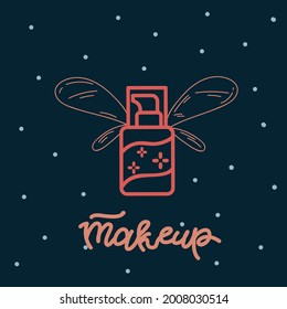 A poster with a tool for makeup and care. A beautiful tube with Doodle wings and the inscription Makeup. Care cosmetics, spa, mask, cream, jars. Vector illustration