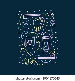 Poster tools for brushing teeth. Doodle pattern with toothbrush, toothpaste and floss. Children's dental concept. Vector illustration