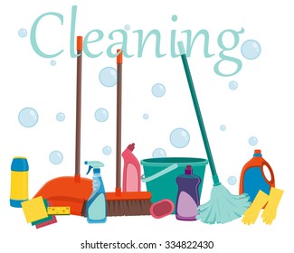 Poster tools for cleaning on a white background and soap bubbles. Vector illustration

